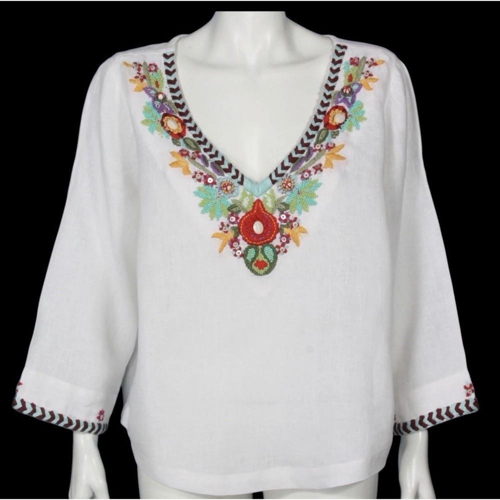 Soft Surroundings Fiesta Tunic Top White Linen Embroidered‎ Beading XL Boho